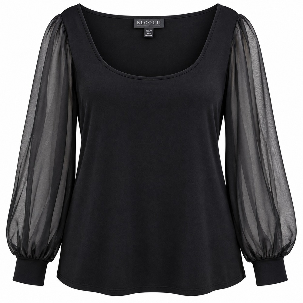 ELOQUII Womens 18/20 Black Sheer Sleeve Blouse Scoop Neck Dressy Plus Size Goth